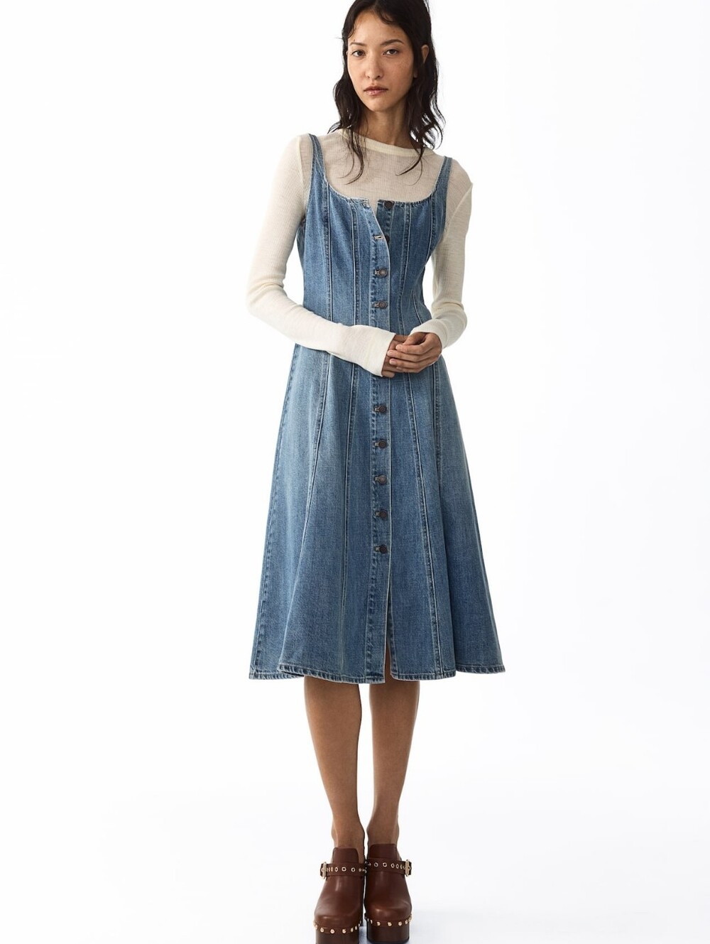H&M Front-button Denim Dress A-line Light Denim Blue Stitched Nwt